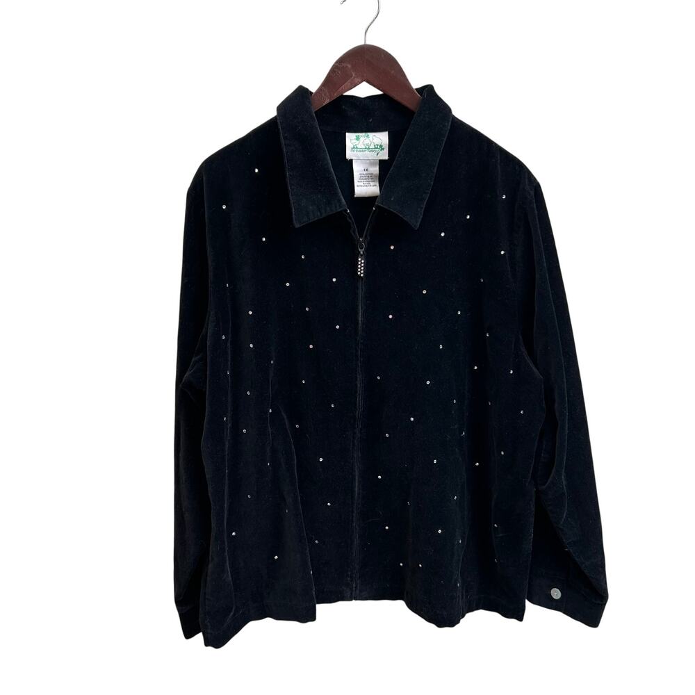 Quacker Factory Black Velvet Rhinestone Studded Zip Jacket Size 1X
